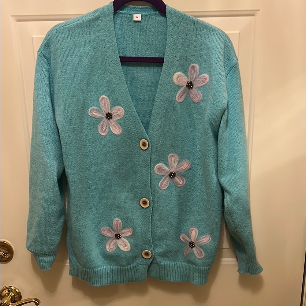 Floral Embroidered Women's Sweater - Turquoise Blue-Sz M